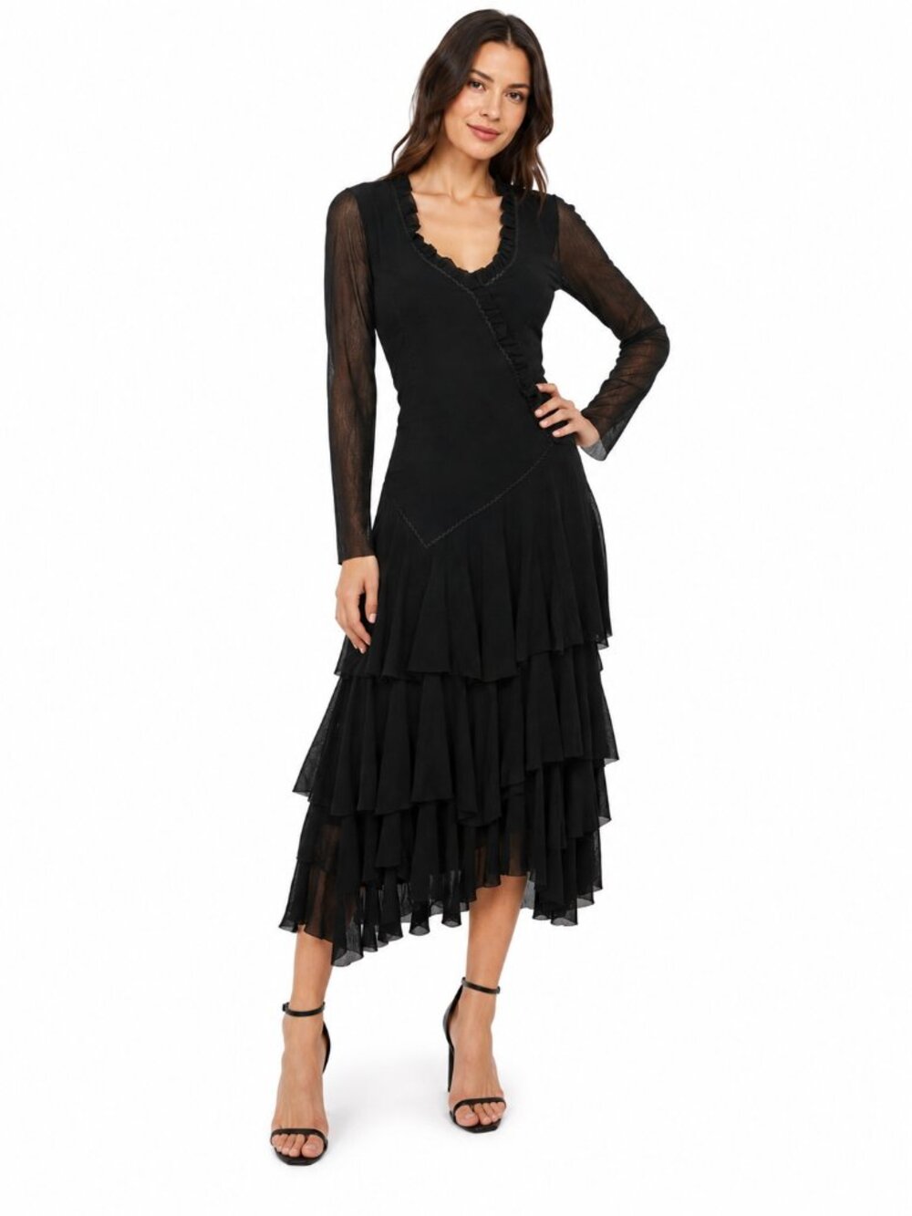 FUZZI Midi Dress Womens M Black Tiered Mesh Ruffle Fit Flare Whimsigoth Italy
